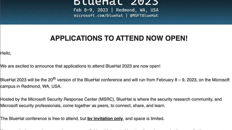 Invited to Attend the 20th BlueHat 2023